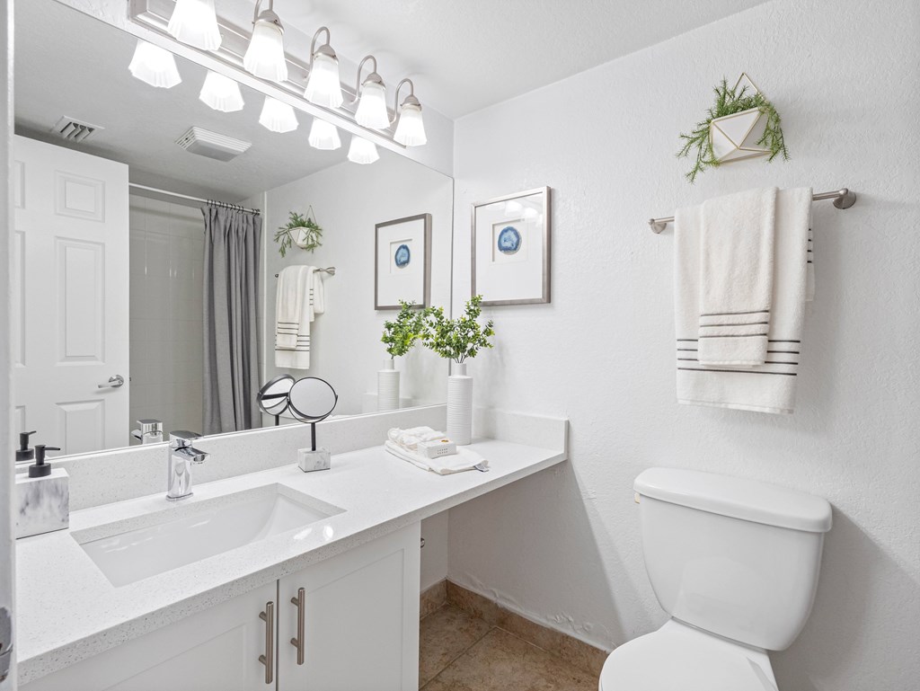A white bathroom with a toilet, sink, mirror, and a potted plant.